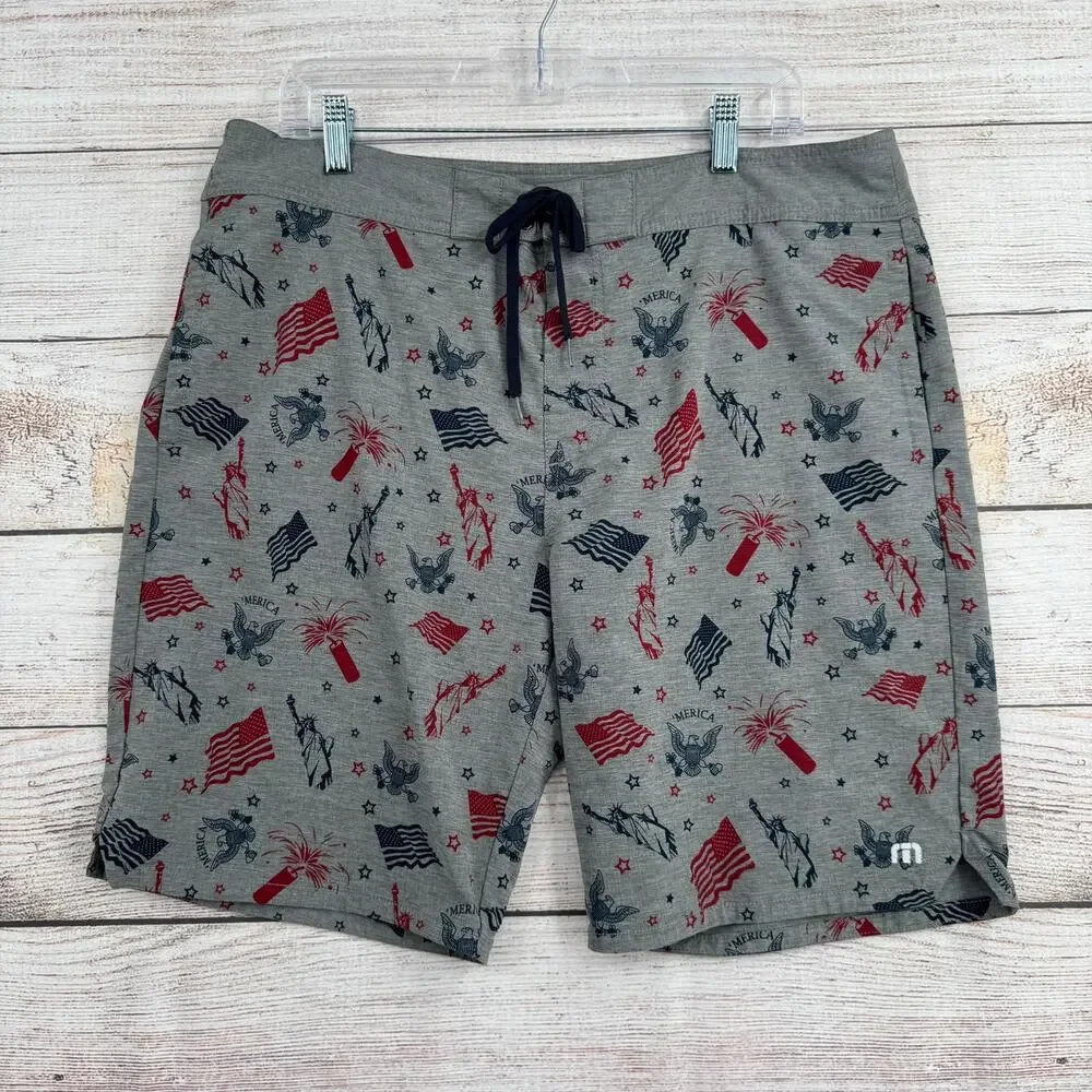Travis Mathew USA Patriotic Flag Board Shorts Mens 36 Gray‎ Blue Red Beach